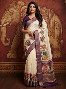 Akhilam - Cotton Linen Woven Off White Saree With Unstitched Blouse