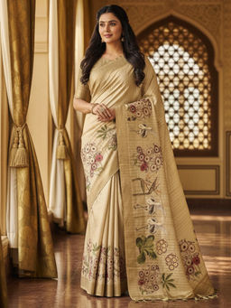 Akhilam - Cotton Linen Digital Floral Print Designer Olive Saree With Unstitched Blouse