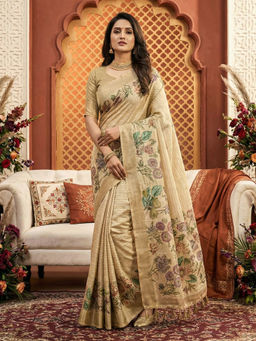 Akhilam - Cotton Linen Digital Floral Print Designer Beige Saree With Unstitched Blouse