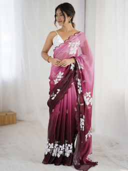 Akhilam - Organza Embellished Designer Pink Saree With Unstitched Blouse