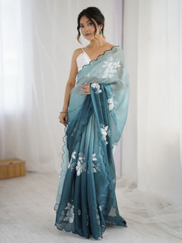 Akhilam - Organza Embellished Designer Blue Saree With Unstitched Blouse