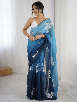 Akhilam - Organza Embellished Designer Navy Blue Saree With Unstitched Blouse