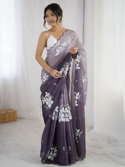 Akhilam - Organza Embellished Designer Purple Saree With Unstitched Blouse