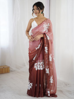 Akhilam - Organza Embellished Designer Brown Saree With Unstitched Blouse
