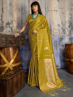 Akhilam - Satin Silk Woven Design Handloom Mustard Saree With Unstitched Blouse