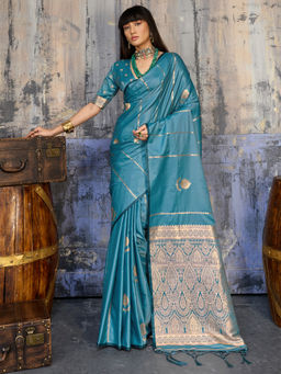 Akhilam - Satin Silk Woven Design Handloom Teal Saree With Unstitched Blouse