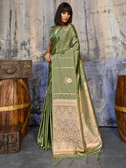 Akhilam - Satin Silk Woven Design Handloom Olive Saree With Unstitched Blouse