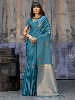 Akhilam - Satin Silk Woven Design Handloom Teal Saree With Unstitched Blouse