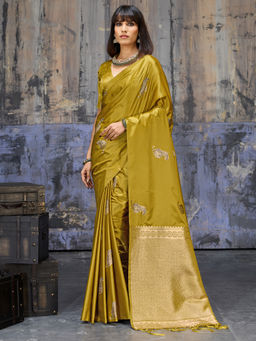 Akhilam - Satin Silk Woven Design Handloom Olive Saree With Unstitched Blouse