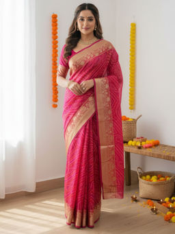 Akhilam - Chiffon Woven Zari Pink Saree With Unstitched Blouse