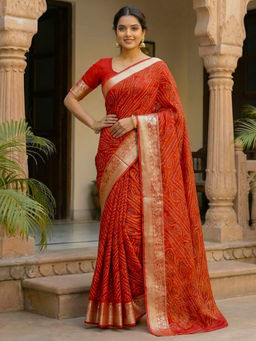 Akhilam - Chiffon Woven Zari Red Saree With Unstitched Blouse