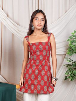 NISHORAMA - Red Anshika Wide Shoulder Strap Kurti