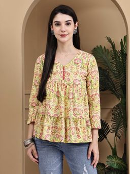 Rajnandini - Women Yellow Pure Cotton Jaipuri Printed Short Top