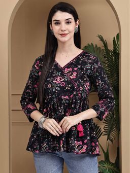 Rajnandini - Women Black Cotton Jaipuri Printed Short Top