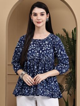 Rajnandini - Women Blue Cotton Jaipuri Printed Short Top