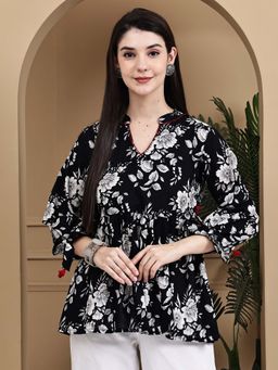 Rajnandini - Women Black and White Cotton Jaipuri Printed Short Top