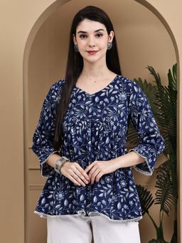 Rajnandini - Women Blue Cotton Jaipuri Printed Short Top