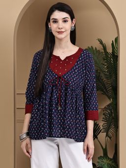 Rajnandini - Women Navy Blue and Maroon Pure Cotton Jaipuri Printed Short Top