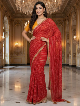 Akhilam - Silk Blend Embellished Designer Red Saree With Unstitched Blouse