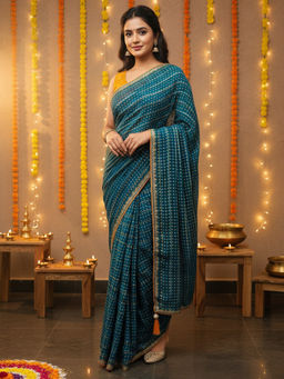 Akhilam - Silk Blend Embellished Designer Teal Saree With Unstitched Blouse