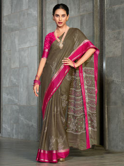 Akhilam - Georgette Printed Designer Khaki Saree With Unstitched Blouse