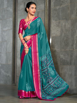 Akhilam - Georgette Printed Designer Teal Saree With Unstitched Blouse