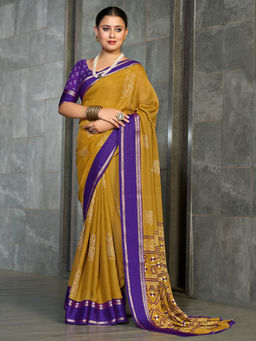 Akhilam - Georgette Printed Designer Mustard Saree With Unstitched Blouse