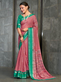 Akhilam - Georgette Printed Designer Pink Saree With Unstitched Blouse