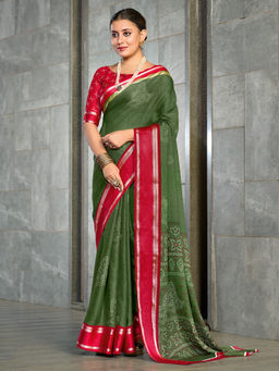 Akhilam - Georgette Printed Designer Green Saree With Unstitched Blouse