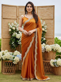 Akhilam - Chiffon Solid Designer Rust Saree With Unstitched Blouse