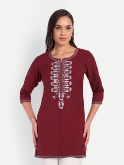 Meeranshi - Linen Embroidery Maroon Tunic
