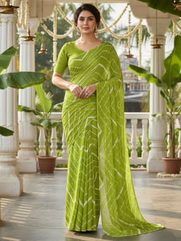 Akhilam - Georgette Printed Pre Draped Green Saree With Unstitched Blouse