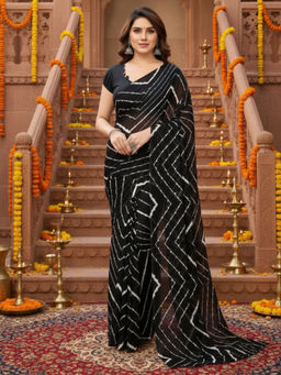 Akhilam - Georgette Printed Pre Draped Black Saree With Unstitched Blouse
