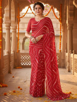 Akhilam - Georgette Printed Pre Draped Red Saree With Unstitched Blouse