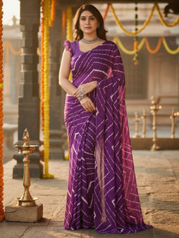 Akhilam - Georgette Printed Pre Draped Purple Saree With Unstitched Blouse