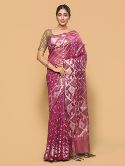 Pallu Patari - Women Zari Woven Organza Silk Purple Saree with Unstitched Blouse