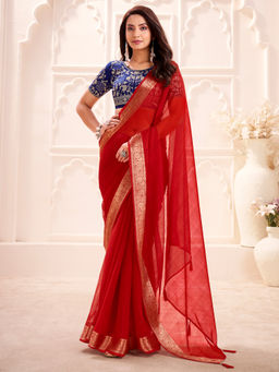Akhilam - Georgette Woven Design Red Saree With Unstitched Blouse