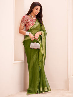 Akhilam - Georgette Woven Design Green Saree With Unstitched Blouse