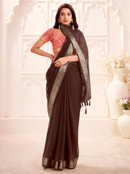 Akhilam - Georgette Woven Design Brown Saree With Unstitched Blouse