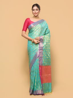 Pallu Patari - Women Zari Woven Banarasi Silk Green Saree with Unstitched Blouse