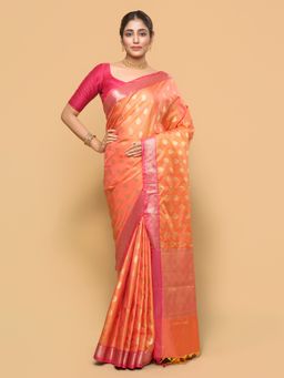 Pallu Patari - Women Zari Woven Banarasi Silk Orange Saree with Unstitched Blouse