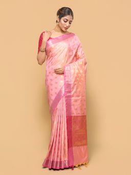 Pallu Patari - Women Zari Woven Banarasi Silk Peach Saree with Unstitched Blouse