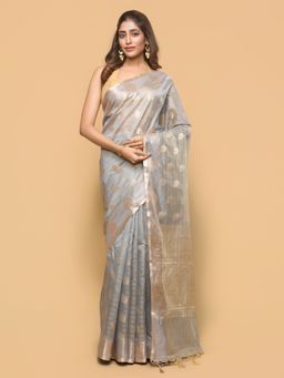 Pallu Patari - Women Zari Woven Tessar Silk Grey Saree with Unstitched Blouse