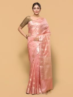 Pallu Patari - Women Zari Woven Tessar Silk Peach Saree with Unstitched Blouse