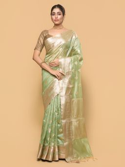 Pallu Patari - Women Zari Woven Tessar Silk Green Saree with Unstitched Blouse