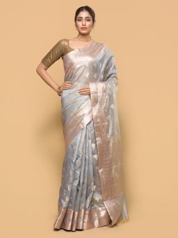 Pallu Patari - Women Zari Woven Tessar Silk Grey Saree with Unstitched Blouse
