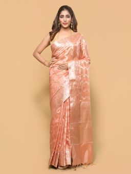 Pallu Patari - Women Zari Woven Tessar Silk Peach Saree with Unstitched Blouse