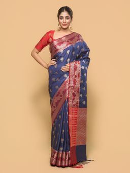 Pallu Patari - Women Zari Woven Banarasi Silk Blue Saree with Unstitched Blouse