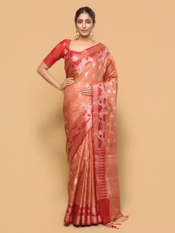 Pallu Patari - Women Zari Woven Banarasi Silk Peach Saree with Unstitched Blouse