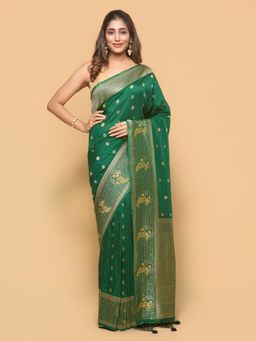Pallu Patari - Women Zari Woven Banarasi Silk Green Saree with Unstitched Blouse